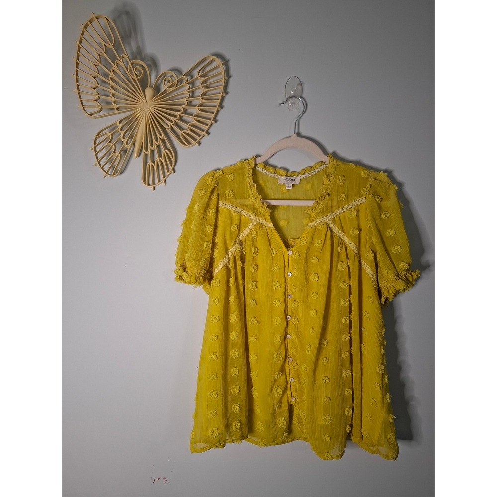 Umgee USA Mustard Yellow Swiss Dot Lace Trim Boho Blouse Top Large